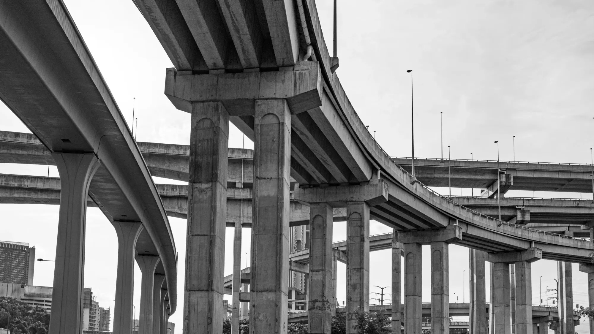 Several levels of intersecting and twisting roads at Cheras–Kajang Expressway Interchange, Kuala Lumpur. 